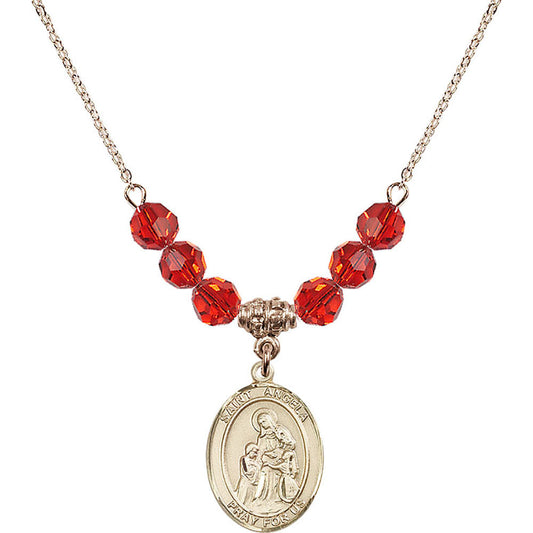 14kt Gold Filled Saint Angela Merici Birthstone Necklace with Ruby Beads - 8284