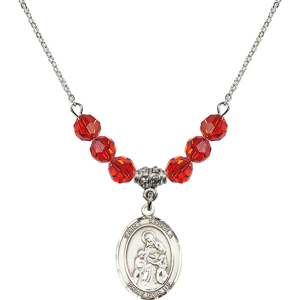Sterling Silver Saint Angela Merici Birthstone Necklace with Ruby Beads - 8284