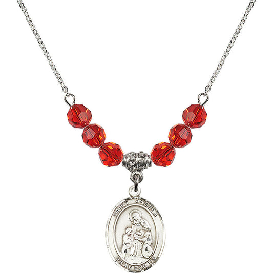 Sterling Silver Saint Angela Merici Birthstone Necklace with Ruby Beads - 8284