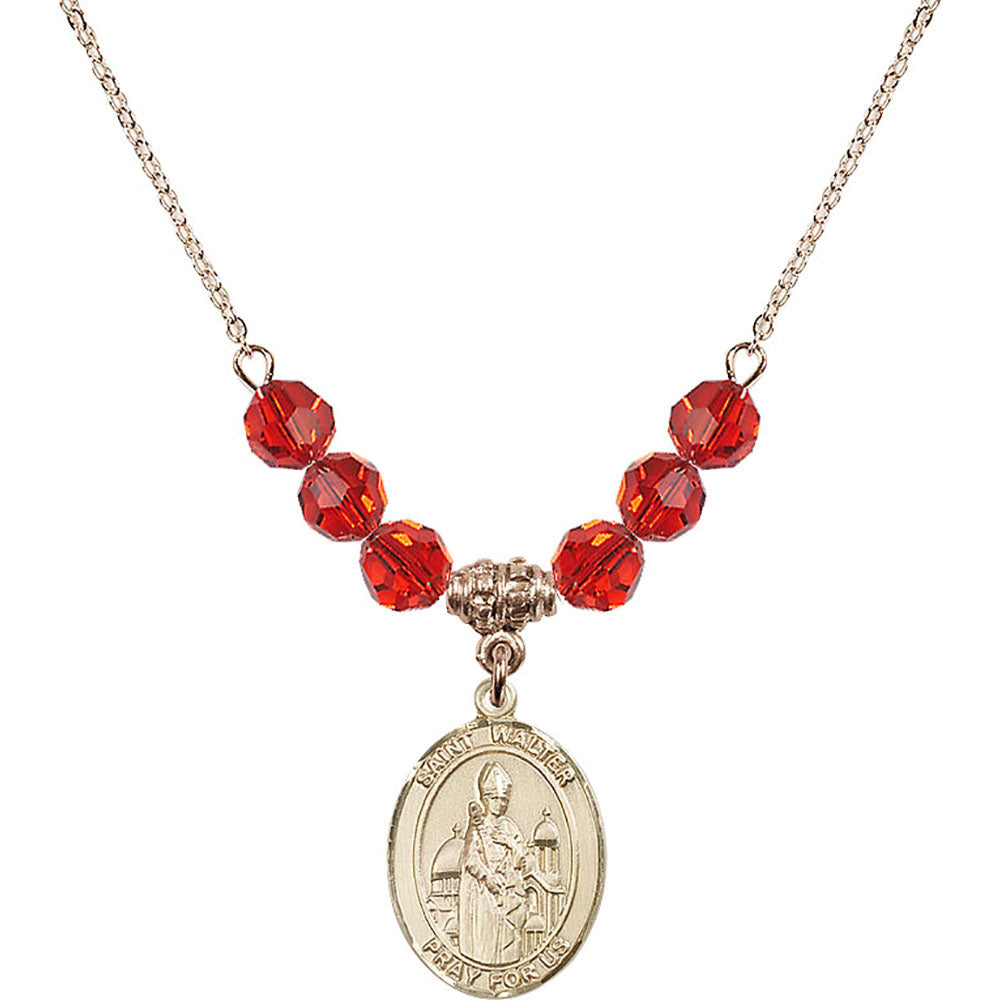 14kt Gold Filled Saint Walter of Pontoise Birthstone Necklace with Ruby Beads - 8285