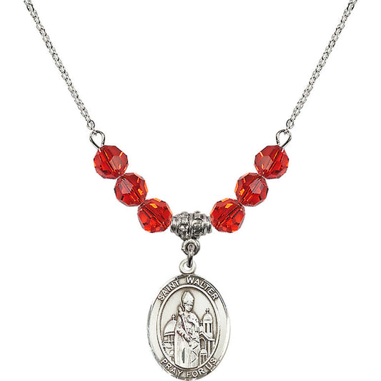 Sterling Silver Saint Walter of Pontoise Birthstone Necklace with Ruby Beads - 8285
