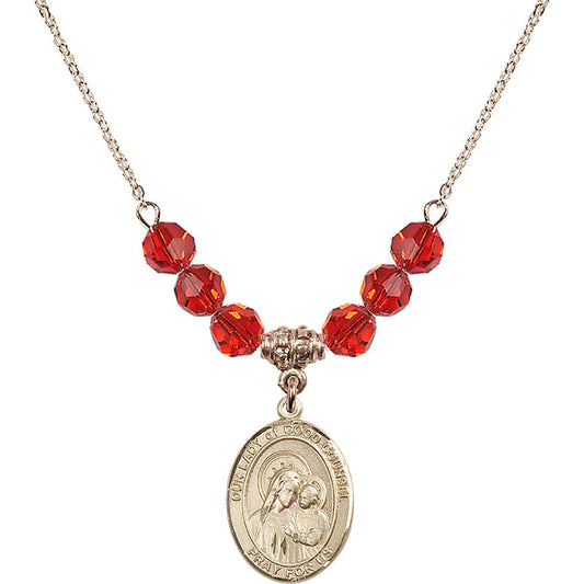14kt Gold Filled Our Lady of Good Counsel Birthstone Necklace with Ruby Beads - 8287