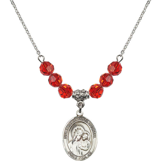 Sterling Silver Our Lady of Good Counsel Birthstone Necklace with Ruby Beads - 8287