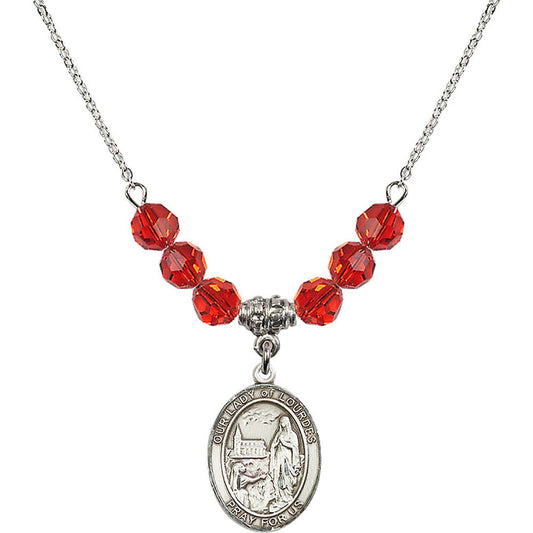 Sterling Silver Our Lady of Lourdes Birthstone Necklace with Ruby Beads - 8288