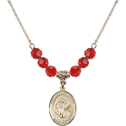 14kt Gold Filled Our Lady of Mercy Birthstone Necklace with Ruby Beads - 8289