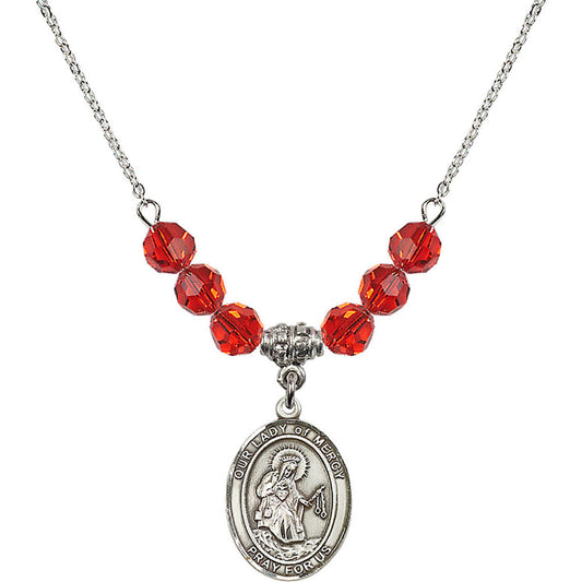 Sterling Silver Our Lady of Mercy Birthstone Necklace with Ruby Beads - 8289