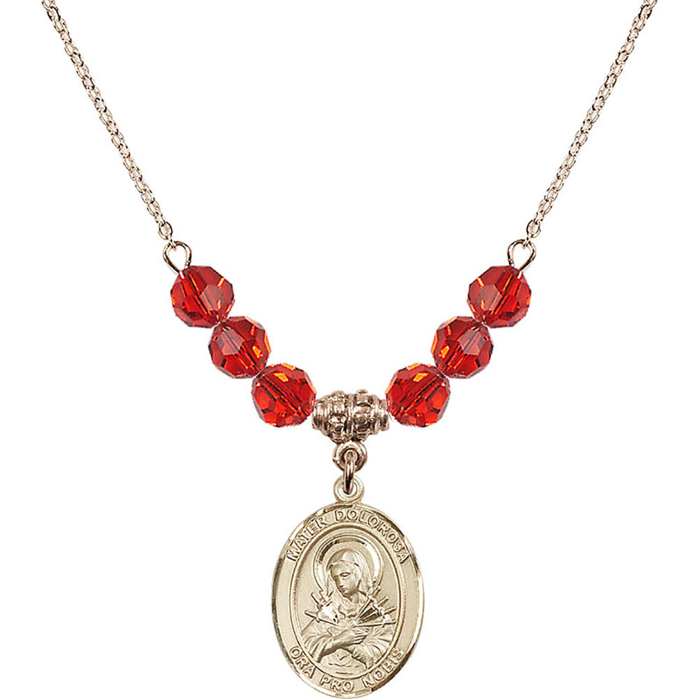 14kt Gold Filled Mater Dolorosa Birthstone Necklace with Ruby Beads - 8290