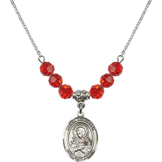 Sterling Silver Mater Dolorosa Birthstone Necklace with Ruby Beads - 8290