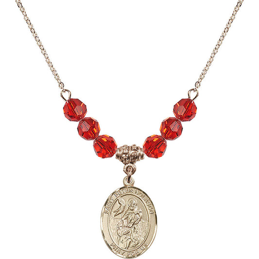 14kt Gold Filled Saint Peter Nolasco Birthstone Necklace with Ruby Beads - 8291