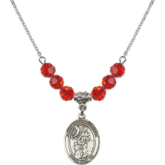 Sterling Silver Saint Peter Nolasco Birthstone Necklace with Ruby Beads - 8291