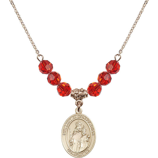 14kt Gold Filled Our Lady of Consolation Birthstone Necklace with Ruby Beads - 8292