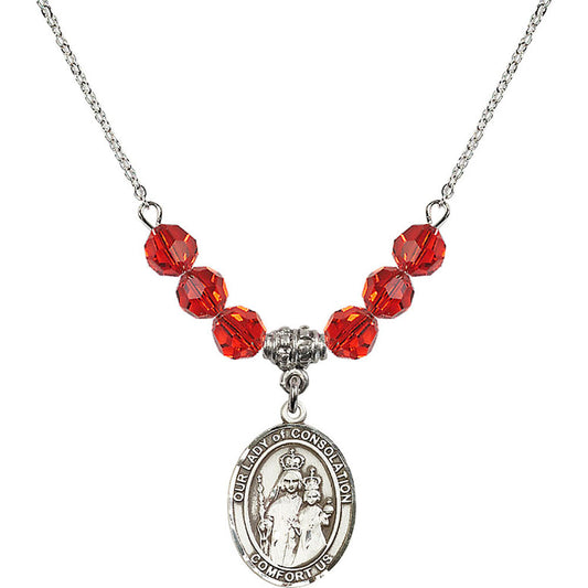 Sterling Silver Our Lady of Consolation Birthstone Necklace with Ruby Beads - 8292