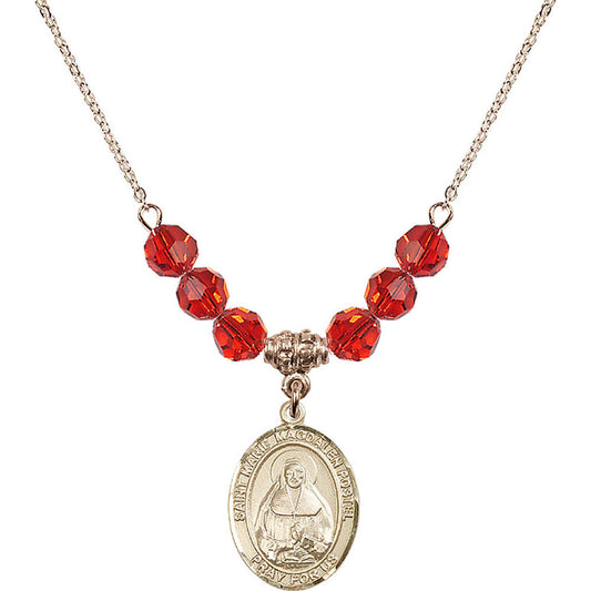 14kt Gold Filled Saint Marie Magdalen Postel Birthstone Necklace with Ruby Beads - 8294