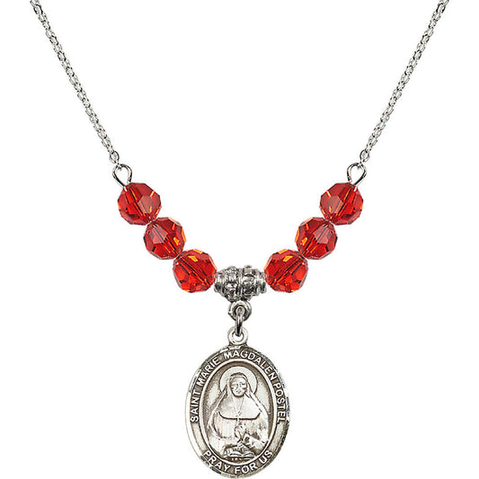 Sterling Silver Saint Marie Magdalen Postel Birthstone Necklace with Ruby Beads - 8294