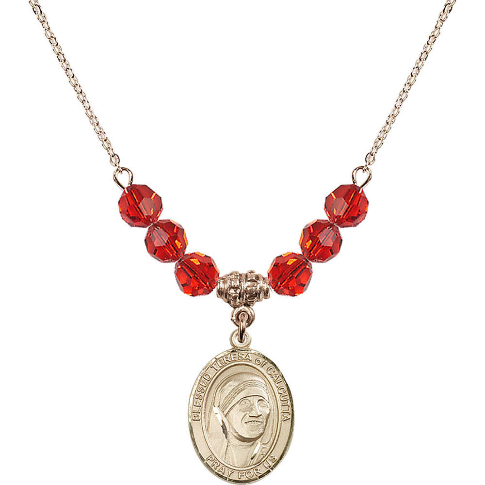 14kt Gold Filled Saint Teresa of Calcutta Birthstone Necklace with Ruby Beads - 8295