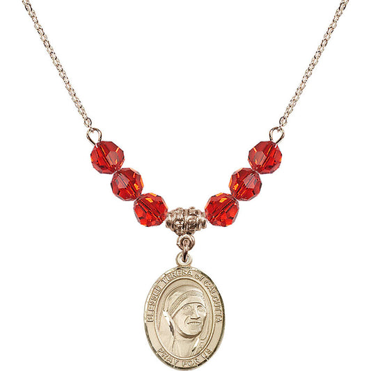 14kt Gold Filled Saint Teresa of Calcutta Birthstone Necklace with Ruby Beads - 8295