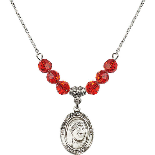 Sterling Silver Saint Teresa of Calcutta Birthstone Necklace with Ruby Beads - 8295