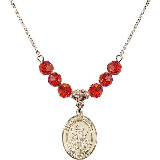 14kt Gold Filled Saint Athanasius Birthstone Necklace with Ruby Beads - 8296