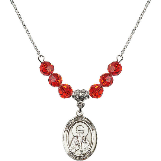 Sterling Silver Saint Athanasius Birthstone Necklace with Ruby Beads - 8296