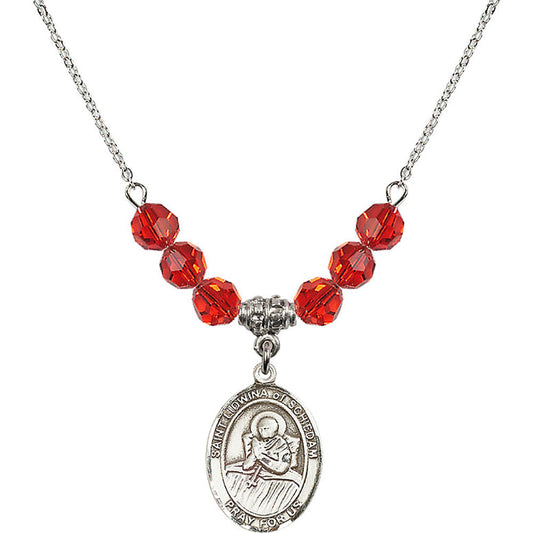 Sterling Silver Saint Lidwina of Schiedam Birthstone Necklace with Ruby Beads - 8297