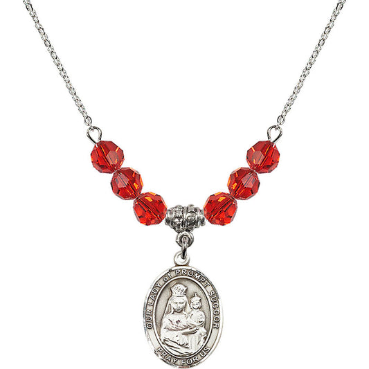 Sterling Silver Our Lady of Prompt Succor Birthstone Necklace with Ruby Beads - 8299