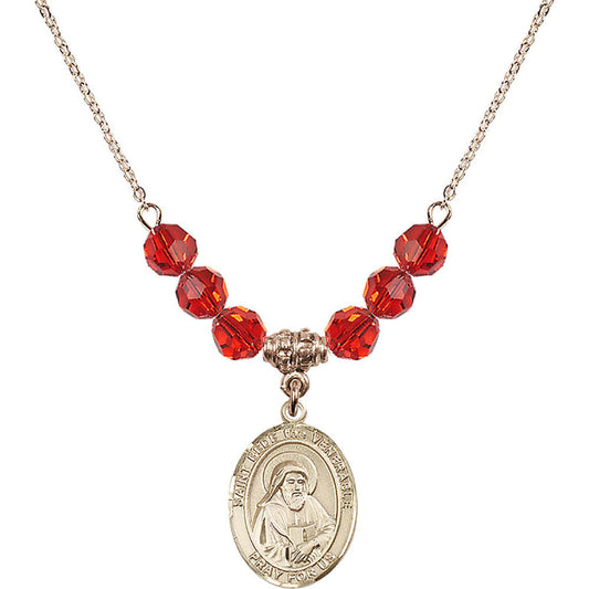 14kt Gold Filled Saint Bede the Venerable Birthstone Necklace with Ruby Beads - 8302