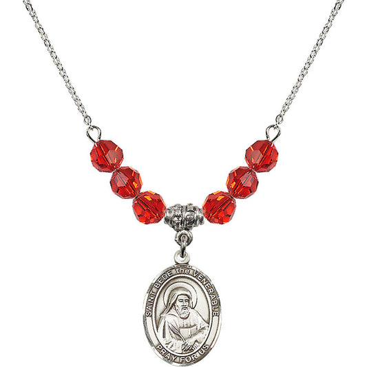 Sterling Silver Saint Bede the Venerable Birthstone Necklace with Ruby Beads - 8302