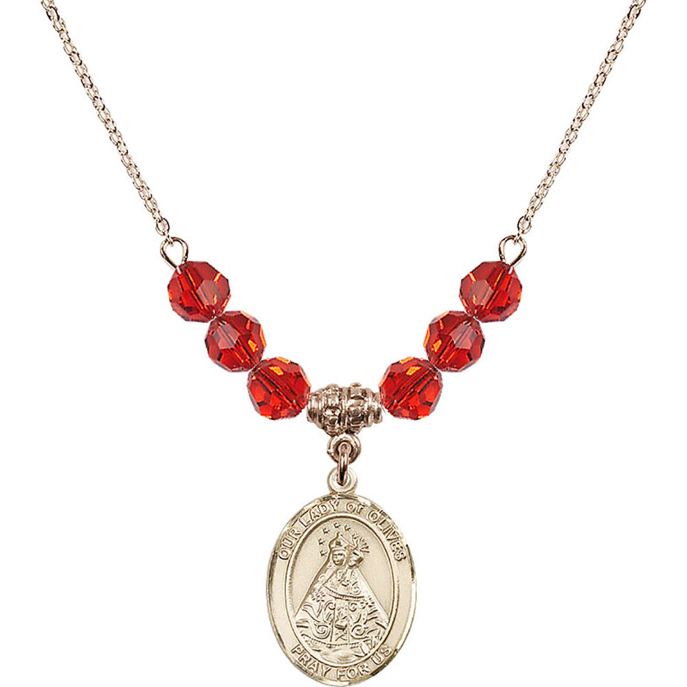 14kt Gold Filled Our Lady of Olives Birthstone Necklace with Ruby Beads - 8303