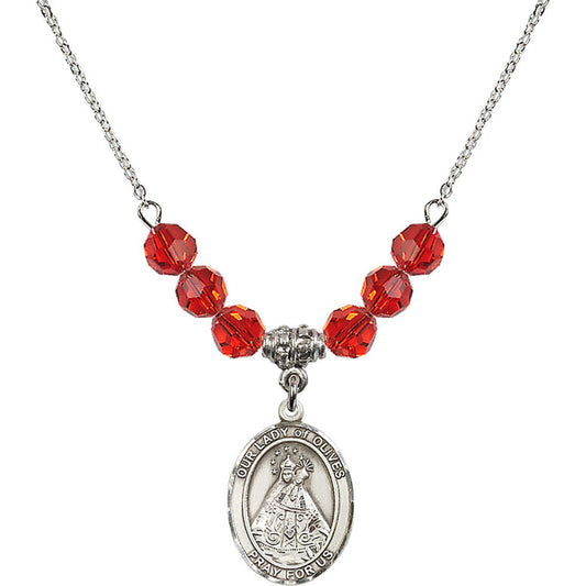 Sterling Silver Our Lady of Olives Birthstone Necklace with Ruby Beads - 8303