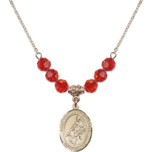 14kt Gold Filled Saint Thomas of Villanova Birthstone Necklace with Ruby Beads - 8304