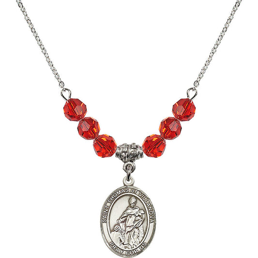 Sterling Silver Saint Thomas of Villanova Birthstone Necklace with Ruby Beads - 8304