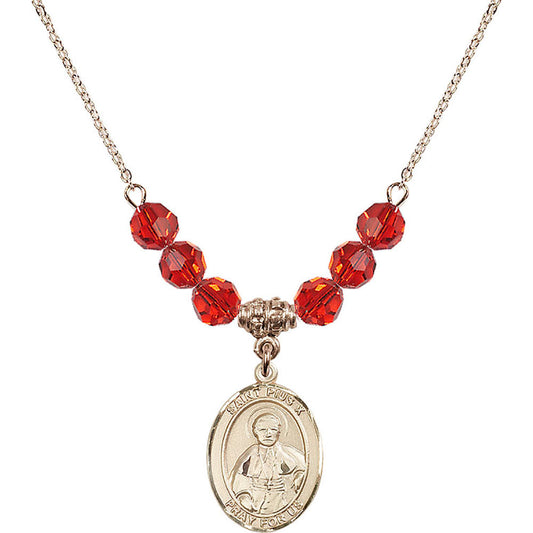 14kt Gold Filled Saint Pius X Birthstone Necklace with Ruby Beads - 8305