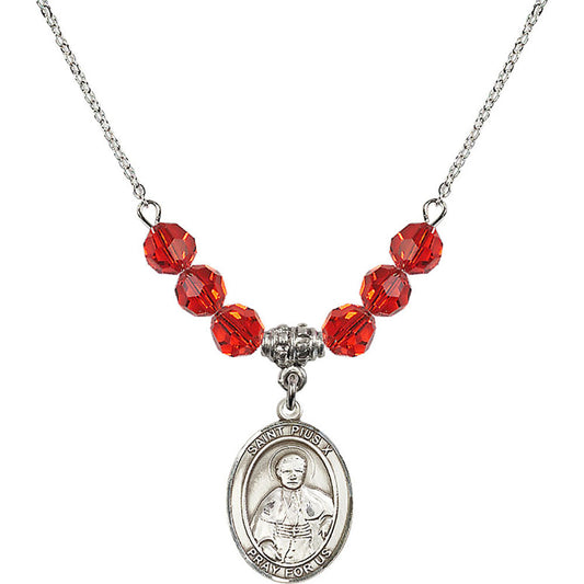 Sterling Silver Saint Pius X Birthstone Necklace with Ruby Beads - 8305
