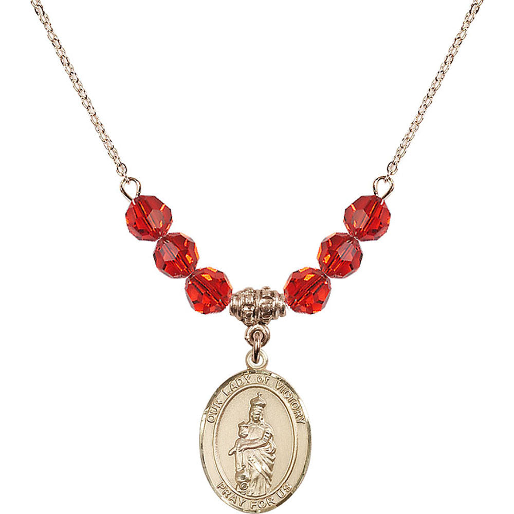 14kt Gold Filled Our Lady of Victory Birthstone Necklace with Ruby Beads - 8306