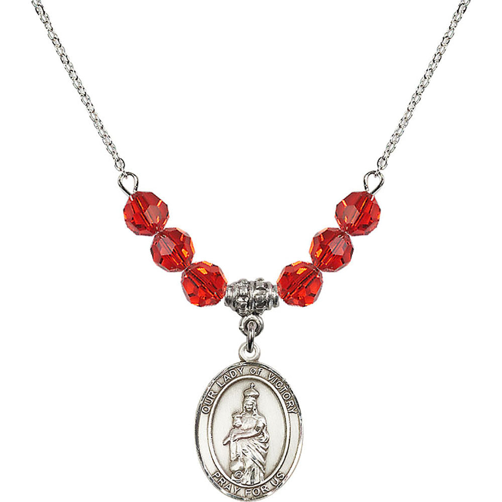 Sterling Silver Our Lady of Victory Birthstone Necklace with Ruby Beads - 8306