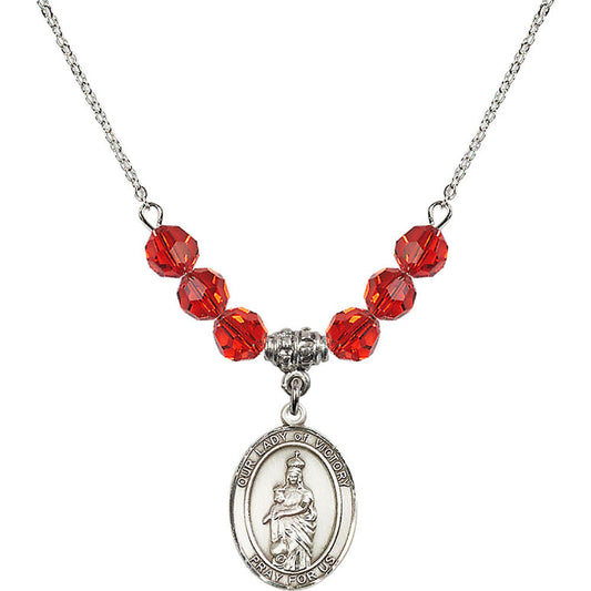 Sterling Silver Our Lady of Victory Birthstone Necklace with Ruby Beads - 8306