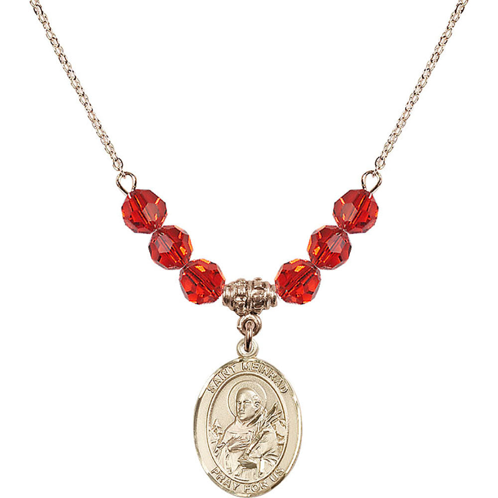 14kt Gold Filled Saint Meinrad of Einsiedeln Birthstone Necklace with Ruby Beads - 8307