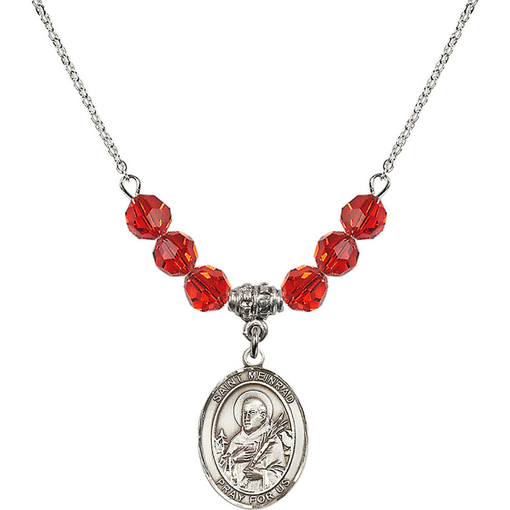 Sterling Silver Saint Meinrad of Einsiedeln Birthstone Necklace with Ruby Beads - 8307