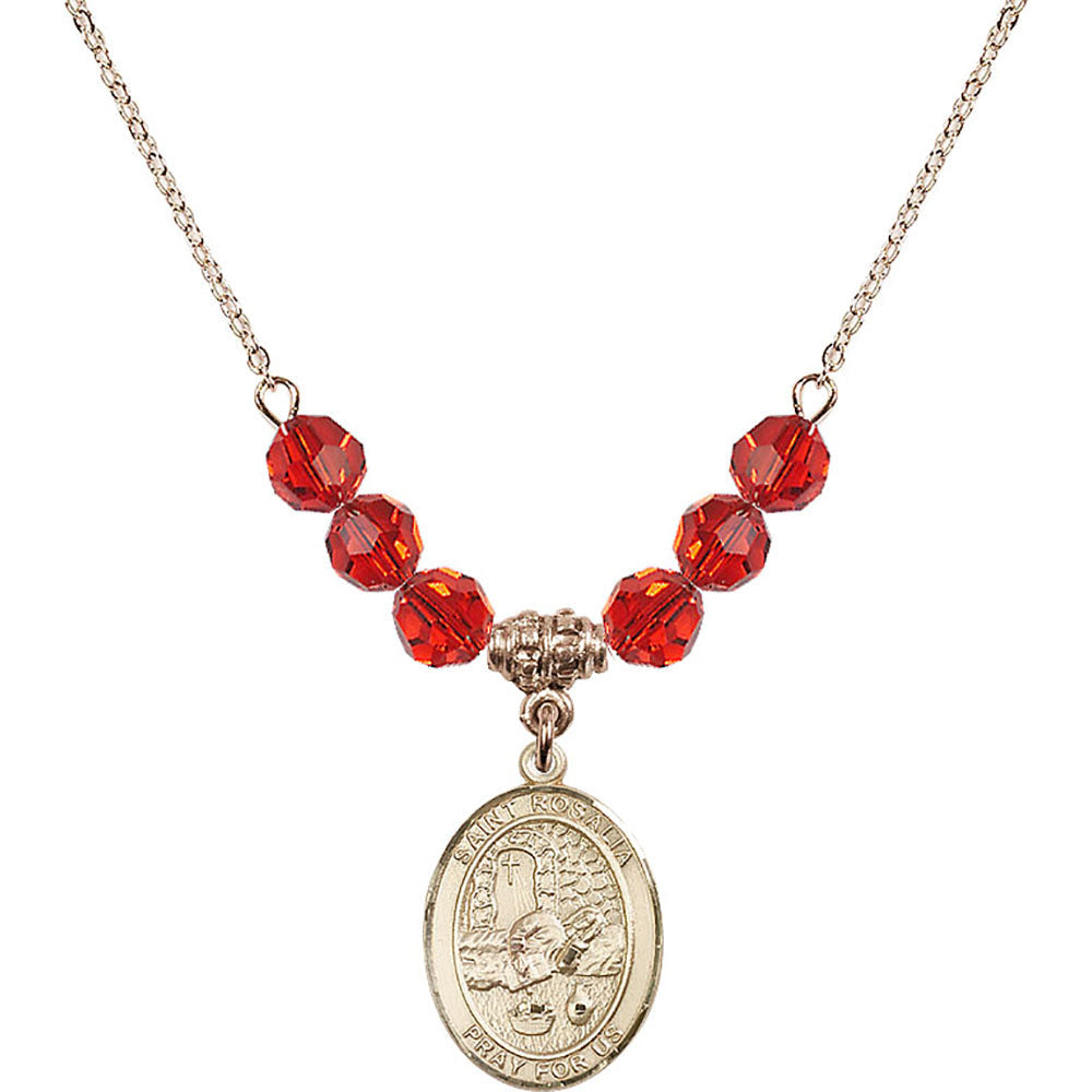 14kt Gold Filled Saint Rosalia Birthstone Necklace with Ruby Beads - 8309