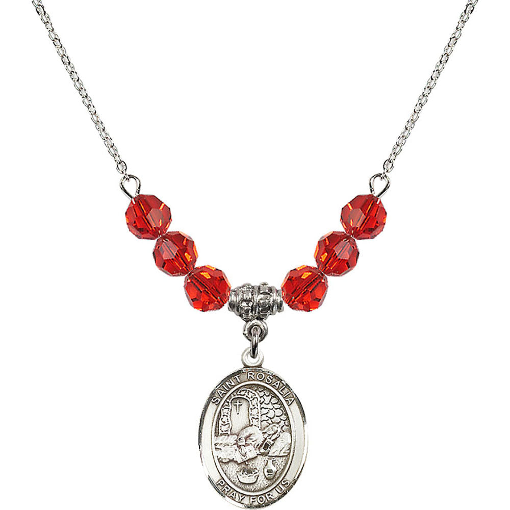 Sterling Silver Saint Rosalia Birthstone Necklace with Ruby Beads - 8309
