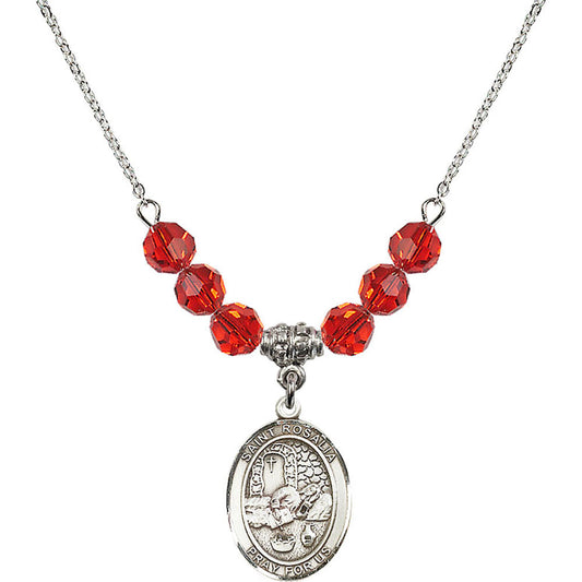 Sterling Silver Saint Rosalia Birthstone Necklace with Ruby Beads - 8309