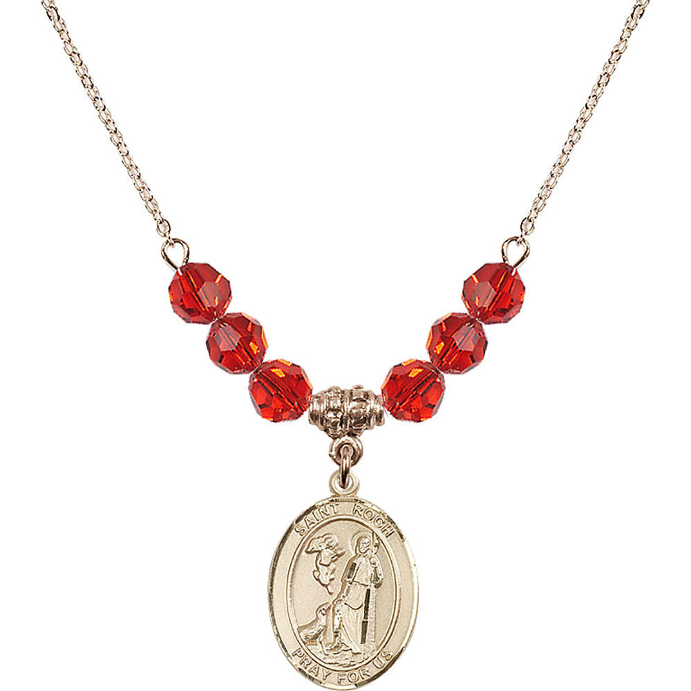 14kt Gold Filled Saint Roch Birthstone Necklace with Ruby Beads - 8310