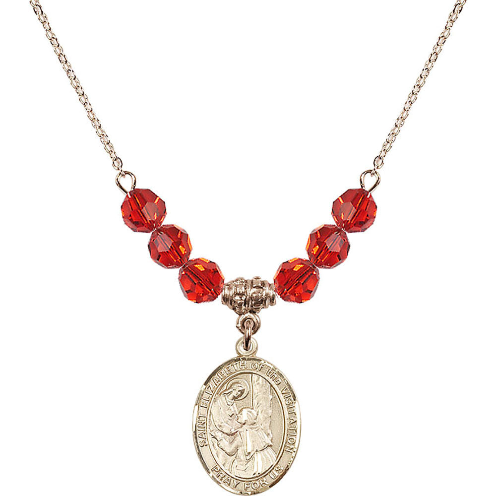 14kt Gold Filled Saint Elizabeth of the Visitation Birthstone Necklace with Ruby Beads - 8311