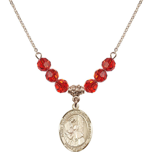 14kt Gold Filled Saint Elizabeth of the Visitation Birthstone Necklace with Ruby Beads - 8311