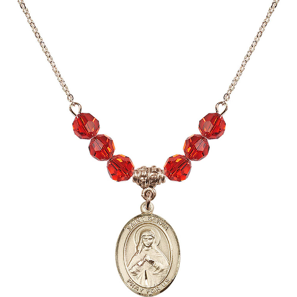 14kt Gold Filled Saint Olivia Birthstone Necklace with Ruby Beads - 8312