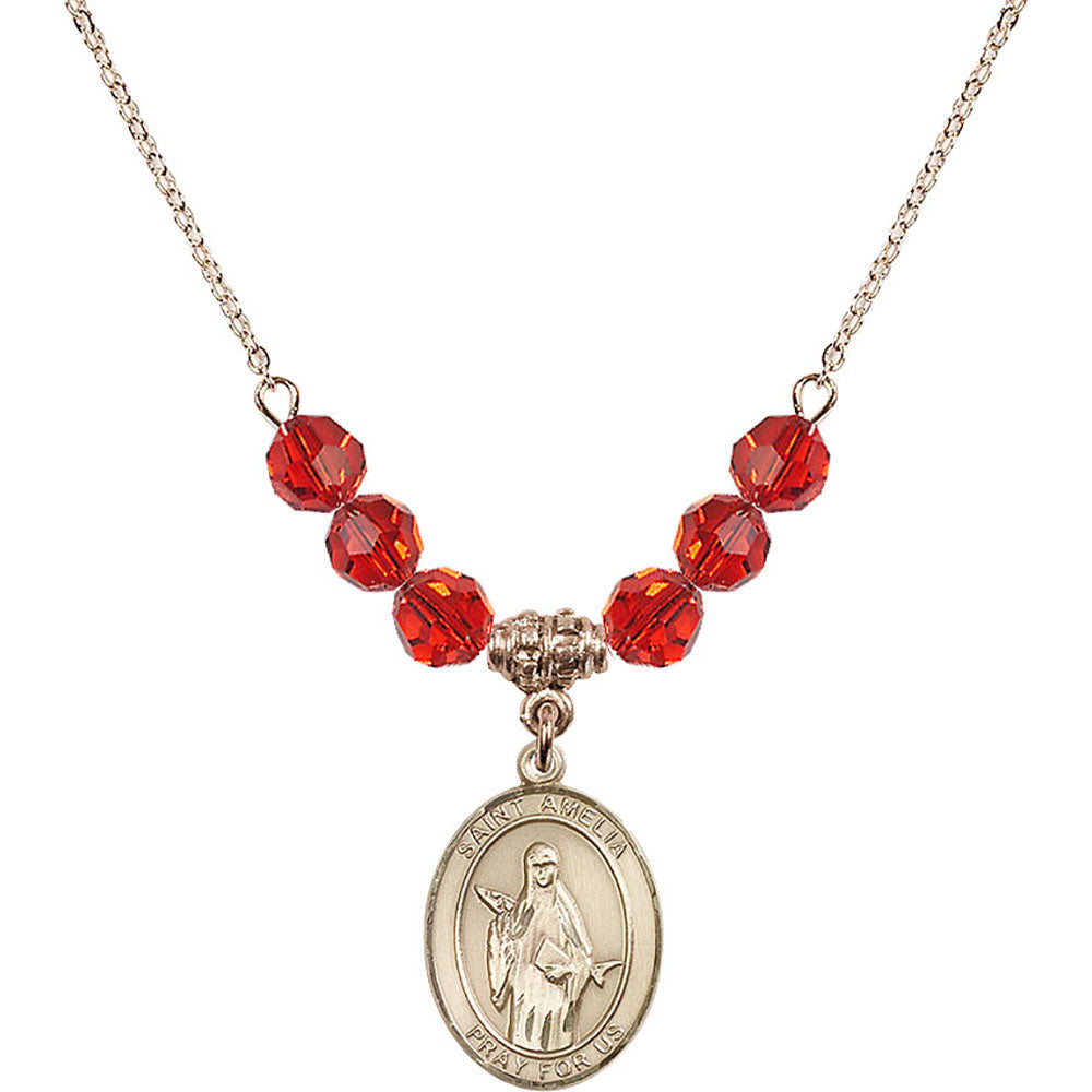 14kt Gold Filled Saint Amelia Birthstone Necklace with Ruby Beads - 8313