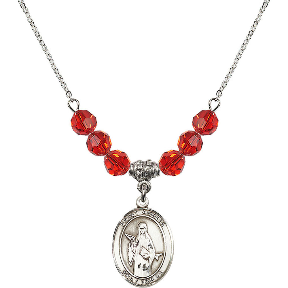 Sterling Silver Saint Amelia Birthstone Necklace with Ruby Beads - 8313