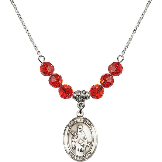 Sterling Silver Saint Amelia Birthstone Necklace with Ruby Beads - 8313