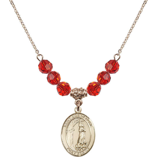 14kt Gold Filled Saint Zoe of Rome Birthstone Necklace with Ruby Beads - 8314