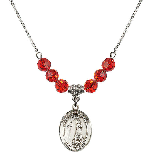 Sterling Silver Saint Zoe of Rome Birthstone Necklace with Ruby Beads - 8314